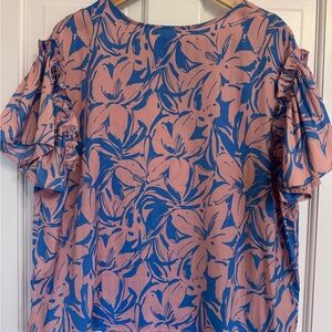 Floral Ruffle Sleeve Blouse in Pink & Blue